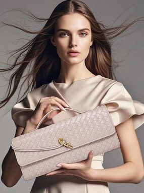 🆕Bnwt.Few Moda Theia Luxury Woven Leather Top-Handle Clutch in Light Beige